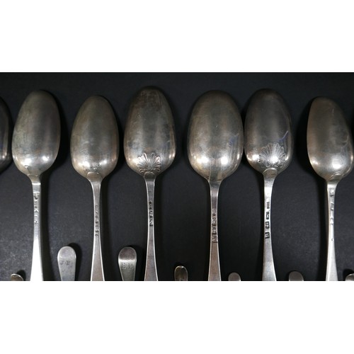 103 - A collection of Georgian silver table and tea spoons, some with shell, flame, and rat tail bowls, va... 