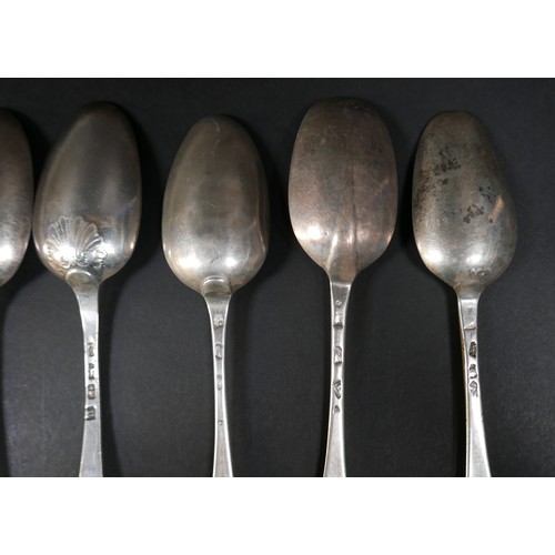 103 - A collection of Georgian silver table and tea spoons, some with shell, flame, and rat tail bowls, va... 