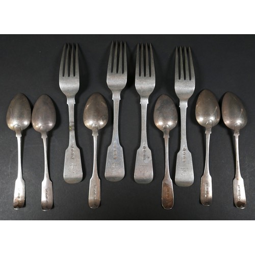 107 - A group of four George IV Irish silver table forks, fiddle pattern, terminal engraved, Charles Marsh... 