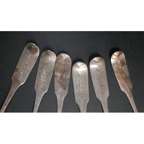 107 - A group of four George IV Irish silver table forks, fiddle pattern, terminal engraved, Charles Marsh... 