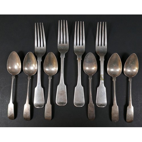 107 - A group of four George IV Irish silver table forks, fiddle pattern, terminal engraved, Charles Marsh... 