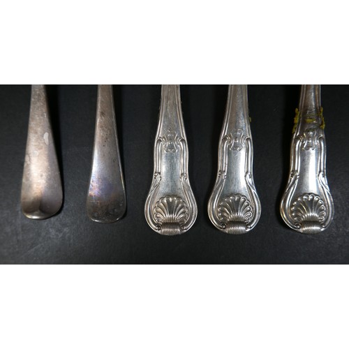 108 - A group of three George III silver table forks, Queen’s pattern, together with a set of four Victori... 