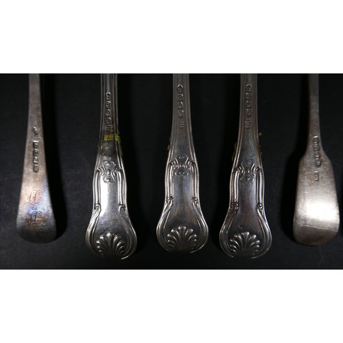 108 - A group of three George III silver table forks, Queen’s pattern, together with a set of four Victori... 