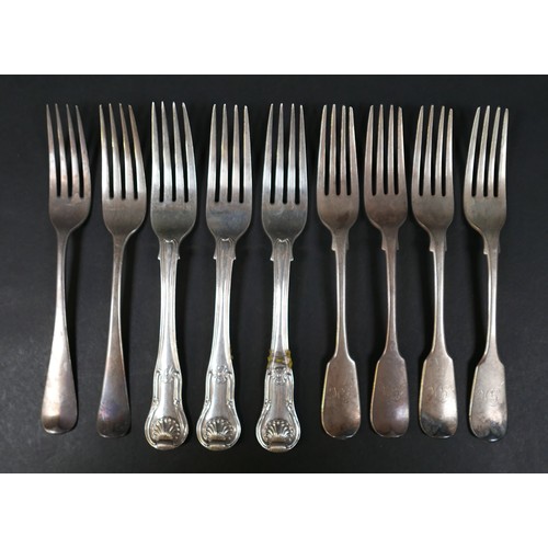 108 - A group of three George III silver table forks, Queen’s pattern, together with a set of four Victori... 