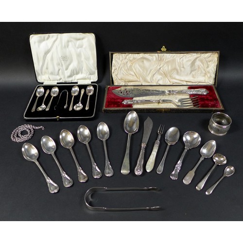 74 - A collection of silver items, including Georgian teaspoons, sugar tongs, William Bateman, napkin rin... 