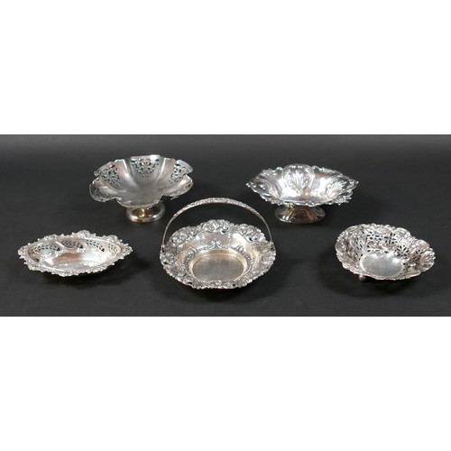 73 - A group of five small silver dishes, comprising four Victorian and Edwardian, and one 800 grade with... 