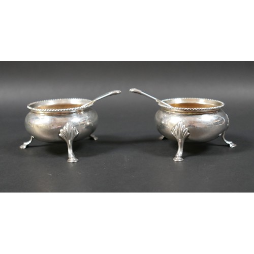 35 - A pair of Victorian silver salts, of cauldron form with beaded rims, raised on three hoof feet, each... 