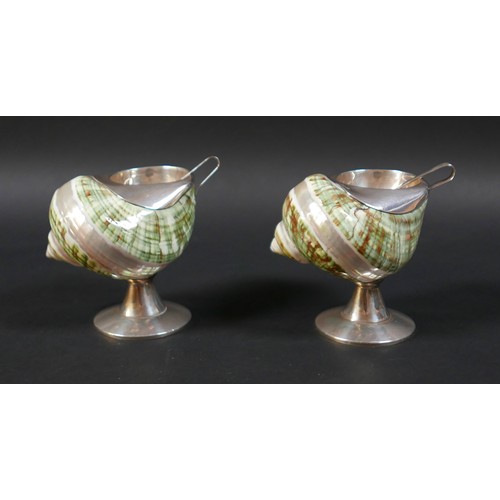 95 - An unusual pair of novelty salts, formed from decorative seashells, each mounted with a white metal ... 