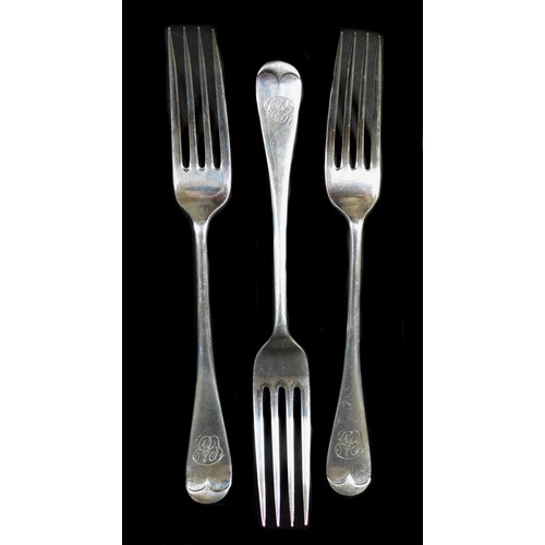 96 - A collection of silver flatware, all monogram engraved to terminals, comprising three Victorian tabl... 