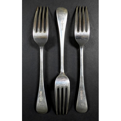 96 - A collection of silver flatware, all monogram engraved to terminals, comprising three Victorian tabl... 