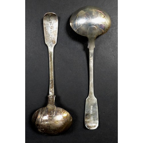 96 - A collection of silver flatware, all monogram engraved to terminals, comprising three Victorian tabl... 