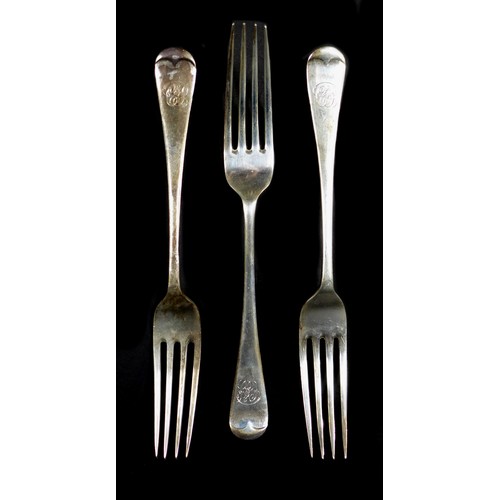 96 - A collection of silver flatware, all monogram engraved to terminals, comprising three Victorian tabl... 