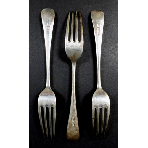 96 - A collection of silver flatware, all monogram engraved to terminals, comprising three Victorian tabl... 