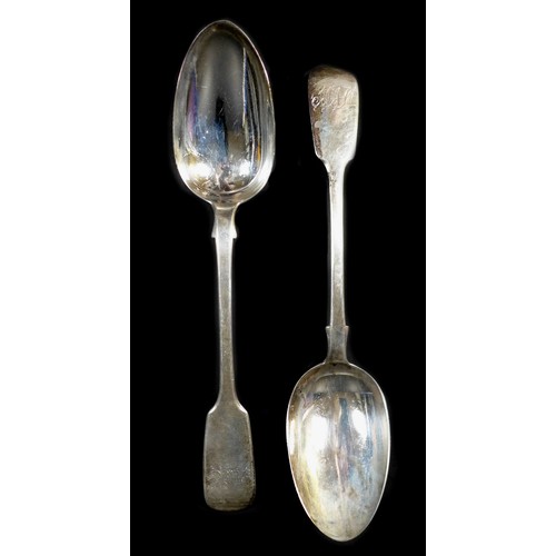 96 - A collection of silver flatware, all monogram engraved to terminals, comprising three Victorian tabl... 