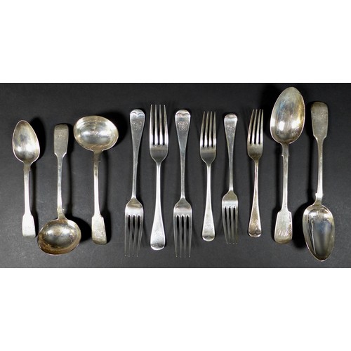 96 - A collection of silver flatware, all monogram engraved to terminals, comprising three Victorian tabl... 