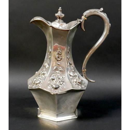 115 - A Victorian silver water jug of tapering hexagonal form with inlaid flowers, ivory insulators, J E T... 