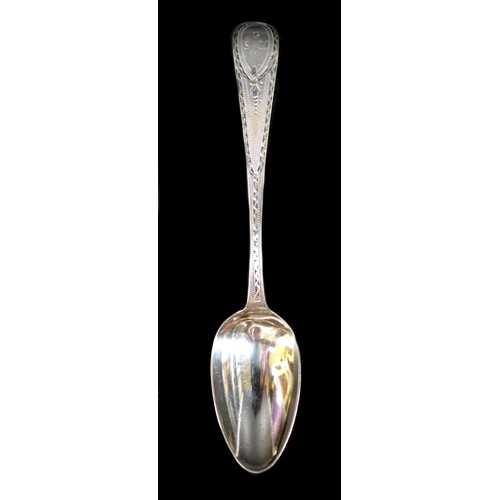 86 - A set of six George III bright cut silver teaspoons, Old English pattern, 'G S M' monogram to top, i... 