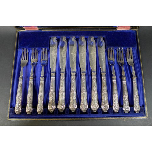 15 - A cased set of six fish knives and six fish forks, Queens pattern, silver handles marked Yates Broth... 