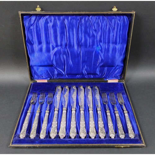 15 - A cased set of six fish knives and six fish forks, Queens pattern, silver handles marked Yates Broth... 
