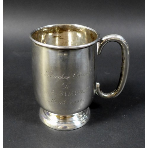 85 - Two silver tankards, one inscribed 'Nottingham Branch To J. S. Simpson March. 1955.', marked Viner's... 