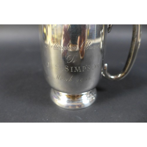 85 - Two silver tankards, one inscribed 'Nottingham Branch To J. S. Simpson March. 1955.', marked Viner's... 