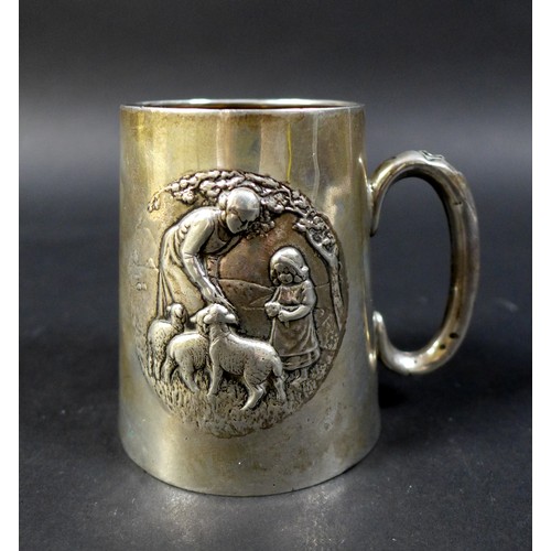 10 - An Edward VII silver christening mug with embossed mother, child, and sheep to front, I S Greenberg ... 
