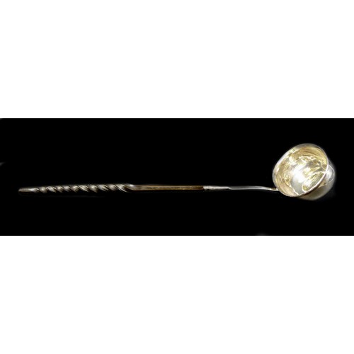 59 - A George III toddy ladle with ebony twist handle, with a 1787 George III shilling to dish, overall w... 