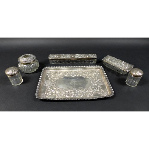 89 - A silver dressing table tray inscribed 'J' to centre and marked Birmingham 1900, together with a pai... 