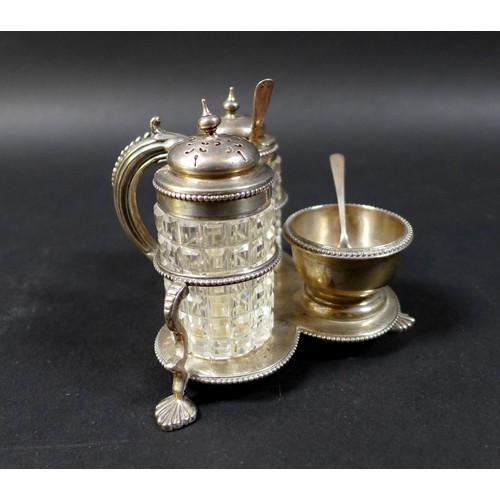 50 - A Victorian cruet set, standing on three pad feet with scrolling handle, Henry Wilkinson & Co, Sheff... 