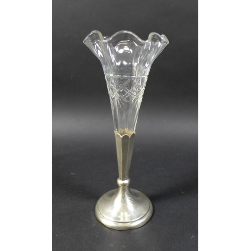 5 - A silver posy vase stand and glass trumpet vase with frilled edge, indistinctly marked, possibly Che... 
