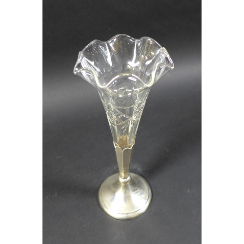 5 - A silver posy vase stand and glass trumpet vase with frilled edge, indistinctly marked, possibly Che... 