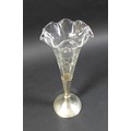 A silver posy vase stand and glass trumpet vase with frilled edge, indistinctly marked, possibly Che... 