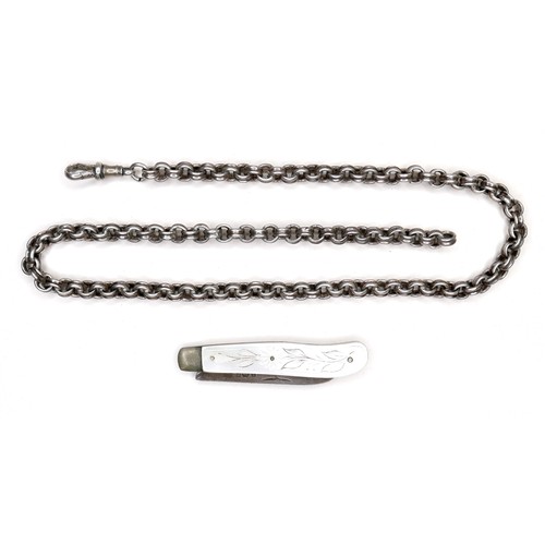 6 - An Edwardian silver fob chain, 28.5g, 43cm, together with an Edwardian silver folding pocket fruit k... 
