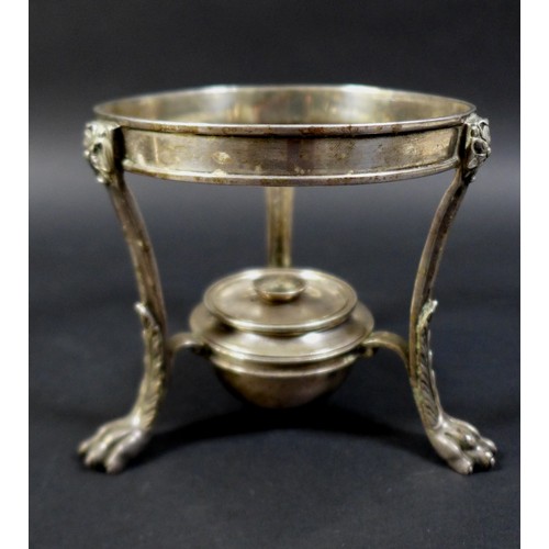 91 - A George II silver brandy pan, marks worn 7.4oz together with a later Georgian silver spirit stand b... 