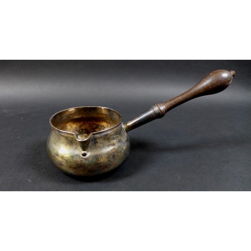 91 - A George II silver brandy pan, marks worn 7.4oz together with a later Georgian silver spirit stand b... 