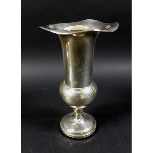 53 - A group of silver items, including two monogramed vases, with flared rims, a/f, one broken away from... 