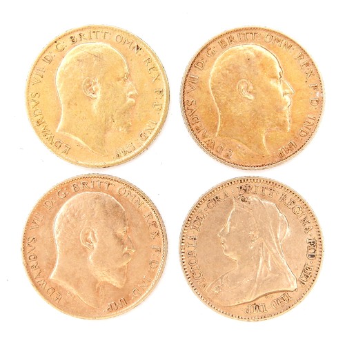 178 - A group of four gold half sovereigns, comprising a Victoria 'veiled head' half sovereign, 1894, and ... 