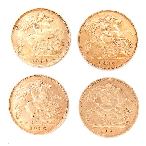 178 - A group of four gold half sovereigns, comprising a Victoria 'veiled head' half sovereign, 1894, and ... 