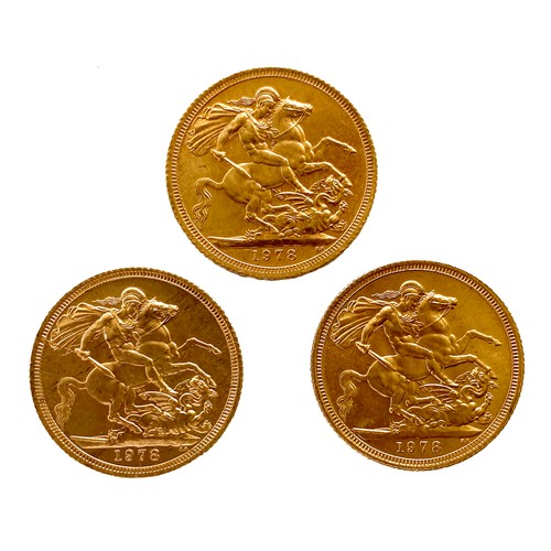 179 - Three Elizabeth II gold sovereigns, each 1978. (3)