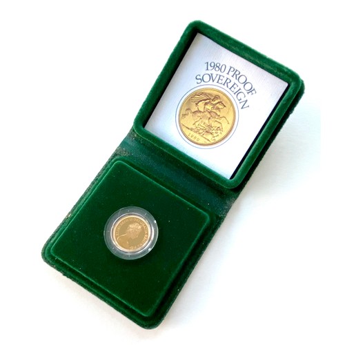 165 - An Elizabeth II gold proof sovereign, 1980, in protective plastic casing and green Royal Mint presen... 