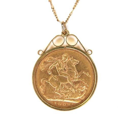 162 - An Edwardian gold sovereign pendant and 9ct gold necklace, comprising an Edward VII gold sovereign, ... 