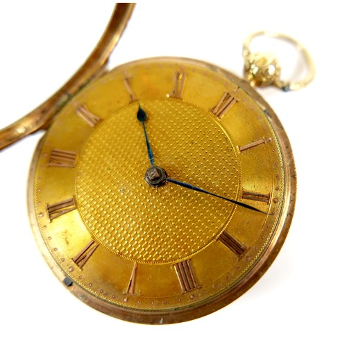 189 - An early Victorian 18ct yellow gold pocket watch, key wind, open faced, with machine engraved dial, ... 