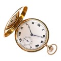 A Swiss 18ct gold cased full hunter pocket watch, circa 1920s, keyless wind, the unsigned silvered d... 