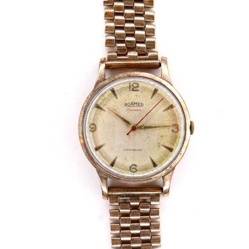 222 - A Roamer Premium 9ct gold gentleman's wristwatch, mid 1960, circular silvered dial with gold mixed A... 