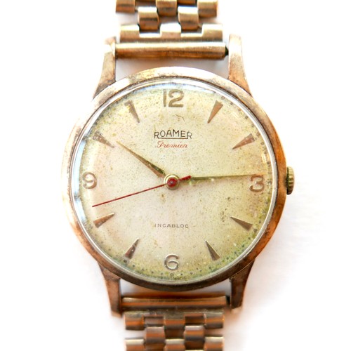 222 - A Roamer Premium 9ct gold gentleman's wristwatch, mid 1960, circular silvered dial with gold mixed A... 