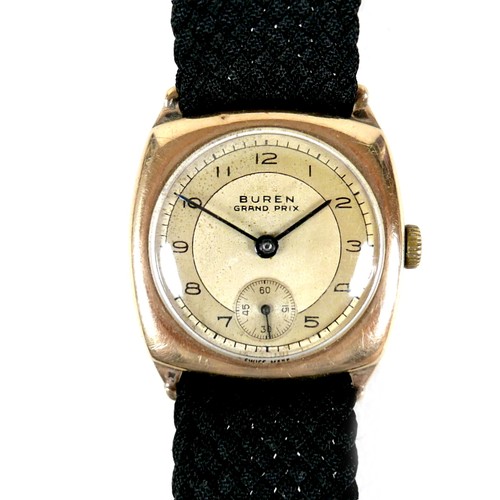 204 - A vintage 9ct gold Buren Grand Prix wristwatch, cushion cased, circular silvered dial with black Ara... 