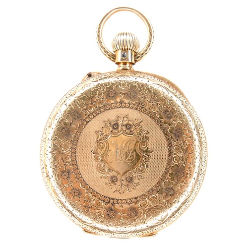 191 - A Victorian 18ct gold open faced pocket watch, by T. R. Russell, keyless wind, foliate engraved case... 