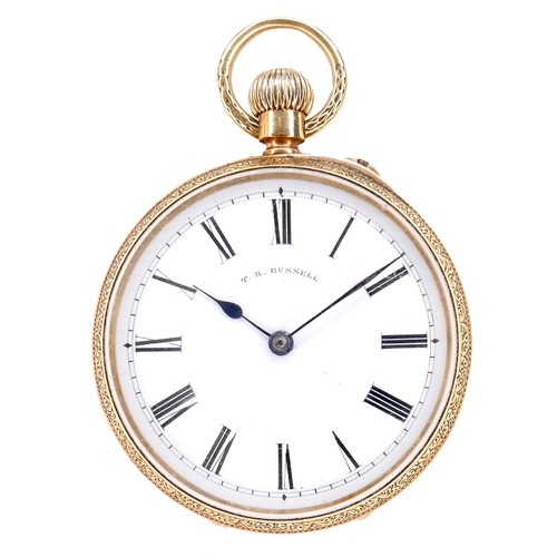191 - A Victorian 18ct gold open faced pocket watch, by T. R. Russell, keyless wind, foliate engraved case... 