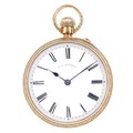 A Victorian 18ct gold open faced pocket watch, by T. R. Russell, keyless wind, foliate engraved case... 
