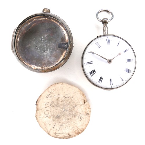 187 - A George III silver pair cased open faced verge fusee pocket watch, the circular white enamel dial w... 